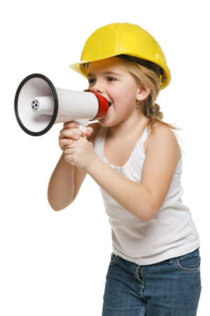 Little girl builder in yellow helmet screaming into loudspeaker @paffy Little girl builder in yellow helmet screaming into loudspeaker @paffy